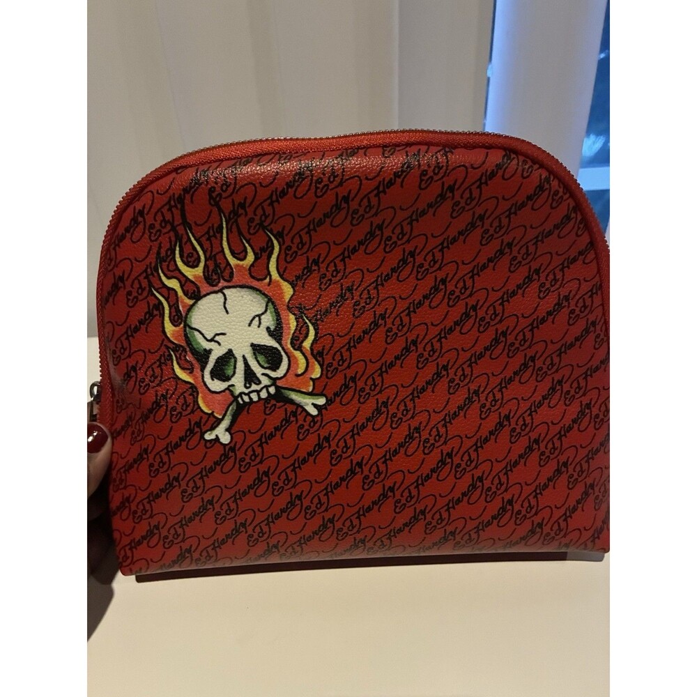Ed Hardy Red Skull Flame Cosmetic Bag Black/Red  Tattoo Graphic NWOT